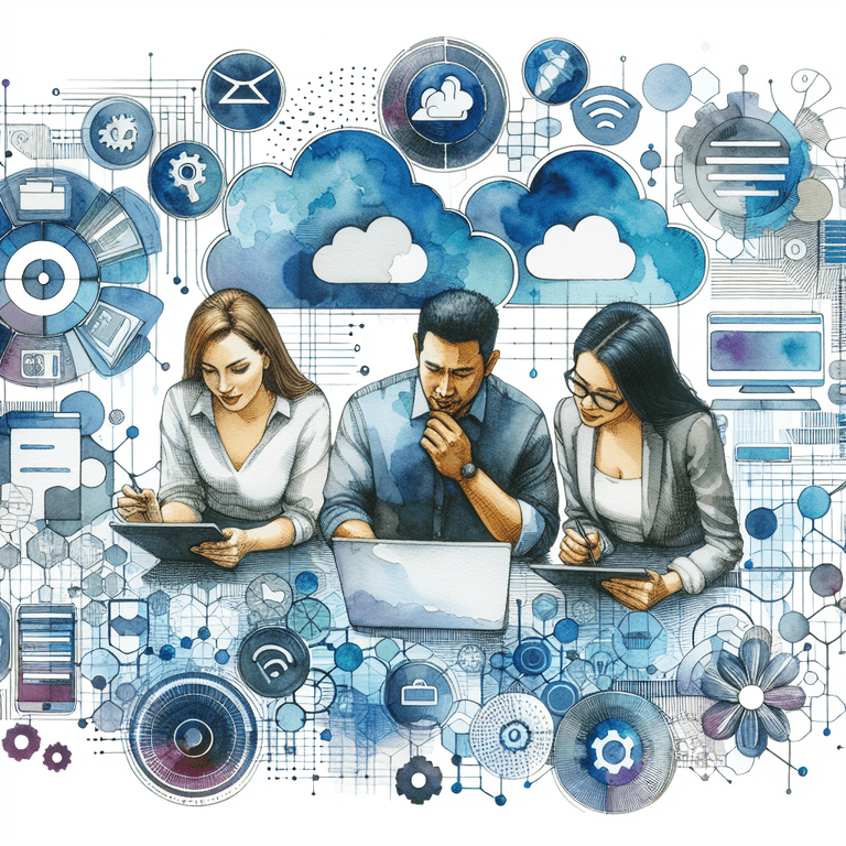 A vibrant watercolor illustration depicting three individuals engaged in digital work: a Caucasian woman with blonde hair focused on her laptop discus