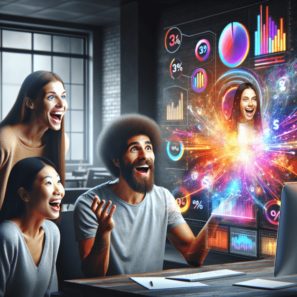 A Caucasian woman, a Hispanic man, and an Asian woman are gathered around a computer in a modern workspace, displaying vibrant, dynamic visuals. Their