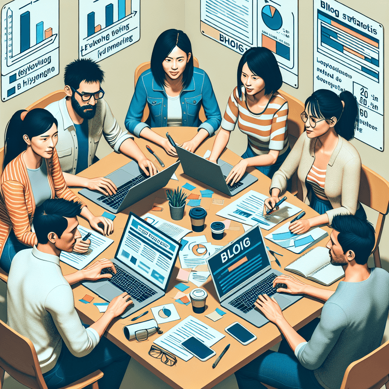 A diverse group of six people gathered around a table, actively engaged in a brainstorming session. The group includes two Asian individuals (one male