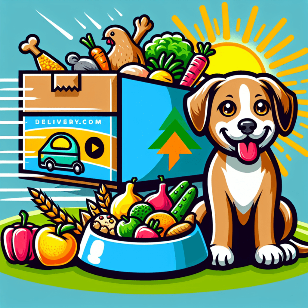 A cheerful cartoon-style Caucasian dog sitting happily next to a bowl filled with colorful fresh ingredients like chicken, assorted vegetables, and gr