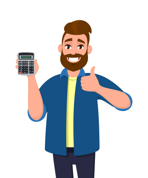 Happy young man showing or holding a digital calculator device in hand and gesturing, making thumbs up sign. Good, like, positive, agree, modern technology lifestyle, gadget concept in cartoon style. Happy young man showing or holding a digital calculator device in hand and gesturing, making thumbs up sign. Good, like, positive, agree, modern technology lifestyle, gadget concept in cartoon style. graphic calculator that shows approval stock illustrations