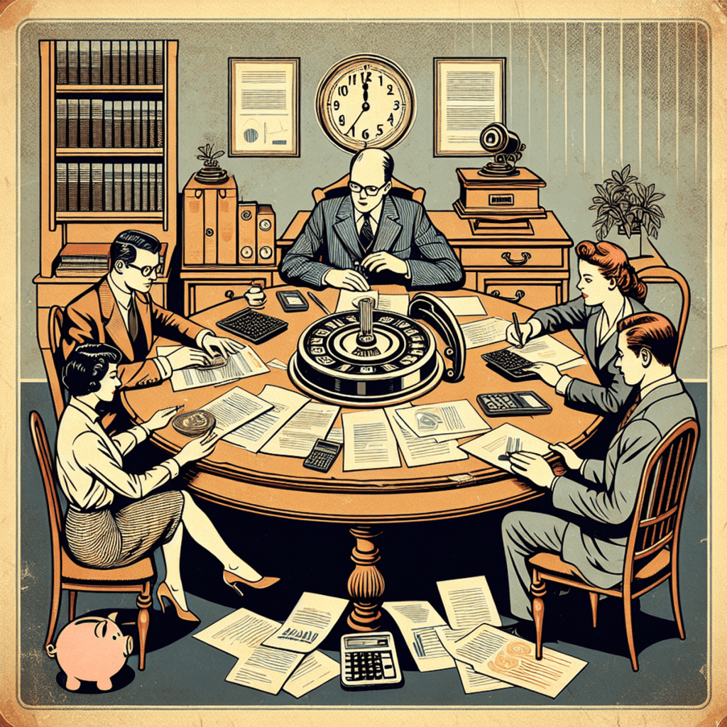 A vintage-themed illustration depicting a cozy old-fashioned study with a heavy wooden table surrounded by a Caucasian man, a Hispanic woman, and an A